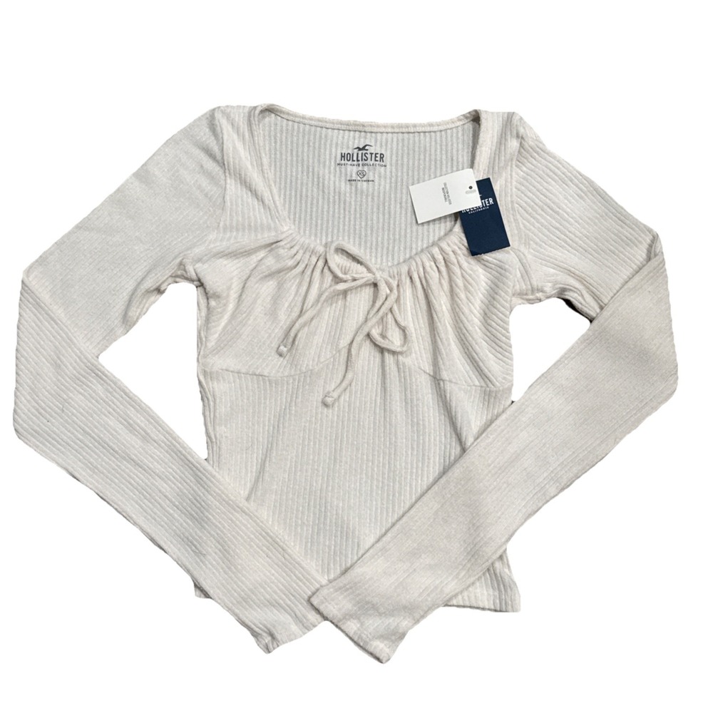 Hollister White Long Sleeve Bow Tie Top XS NWT Cute Y2K Style Blouse